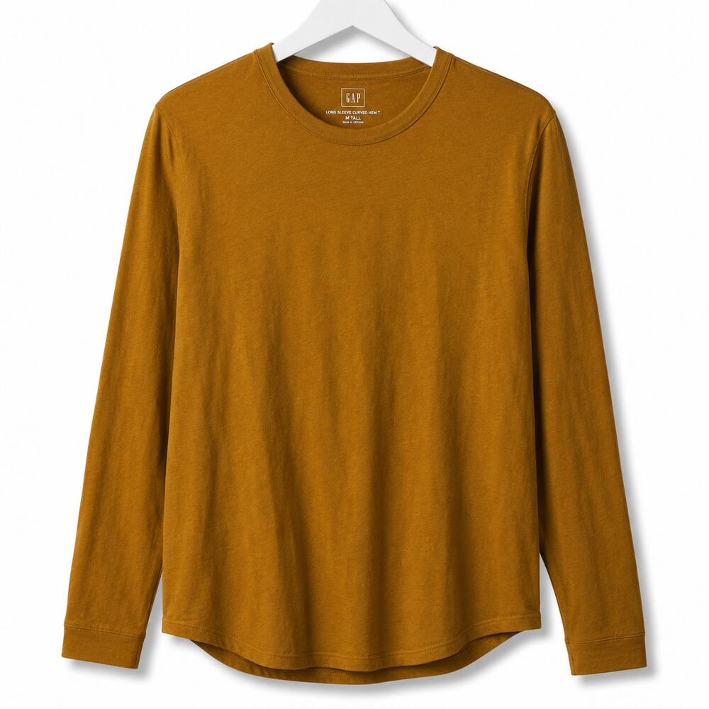 GAP Long Sleeve Curved Hem T-Shirt Men's M Tall Mustard Crew Neck Knit